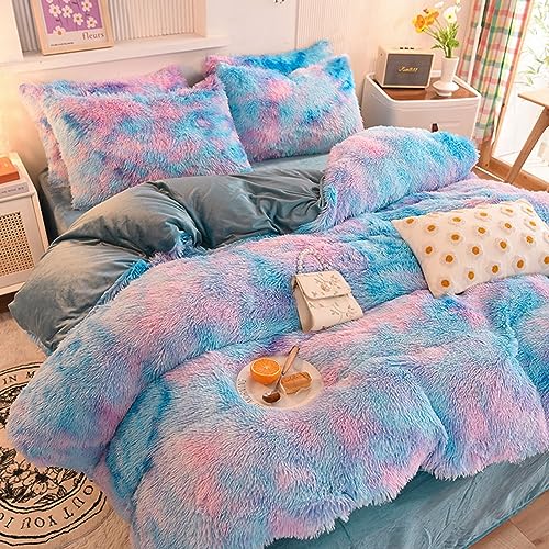 ZIQINPSQ Plush Shaggy Duvet Cover Set,Tie Dye Faux Fur Bedding Set for Teens Girls Soft Velvet Fluffy Fuzzy Comforter Cover Bed Set (Blue - Image 4