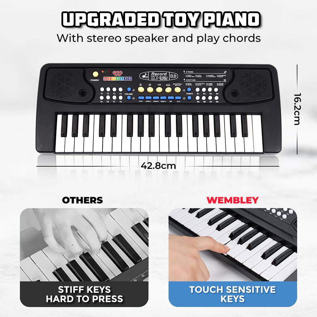 Wembley Kids Piano with Mic - Rechargeable & Portable Electronic Keyboard Musical Toy for Beginners Boys & Girls Ages 3-9 Years with Recording, 37 Keys, 8 Rhythms, 8 Tones, 6 Demos Function - Black - Image 2 thumbnail