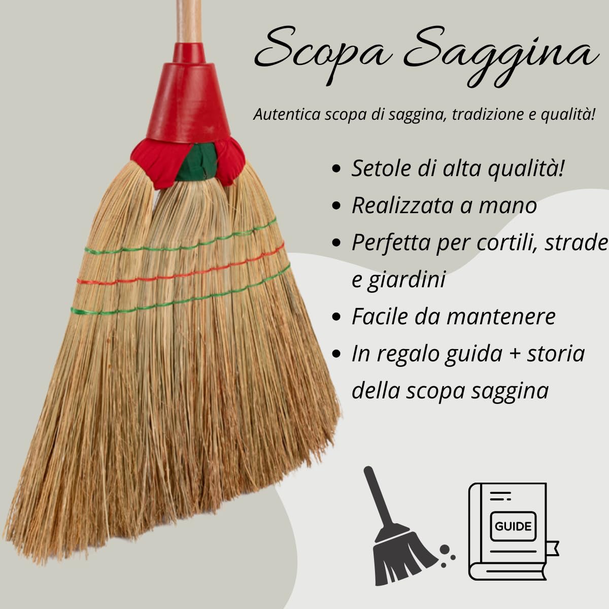 Tomaino - Set Pulizia Scopa Saggina con Paletta in Ferro zincato, Pulizia per Cortile Esterno, Giardino, Garage, Portico (Scopa con paletta)