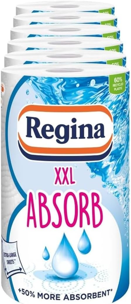 Regina XXL Absorb Kitchen Towels โ 6 Rolls Per Pack, Super Absorbent 2-ply Kitchen Towels, 75 Sheets Per Roll, Extra-Large Sheets, 50percent More Absorbent Than Previous XXL Products, Easy Open Pack