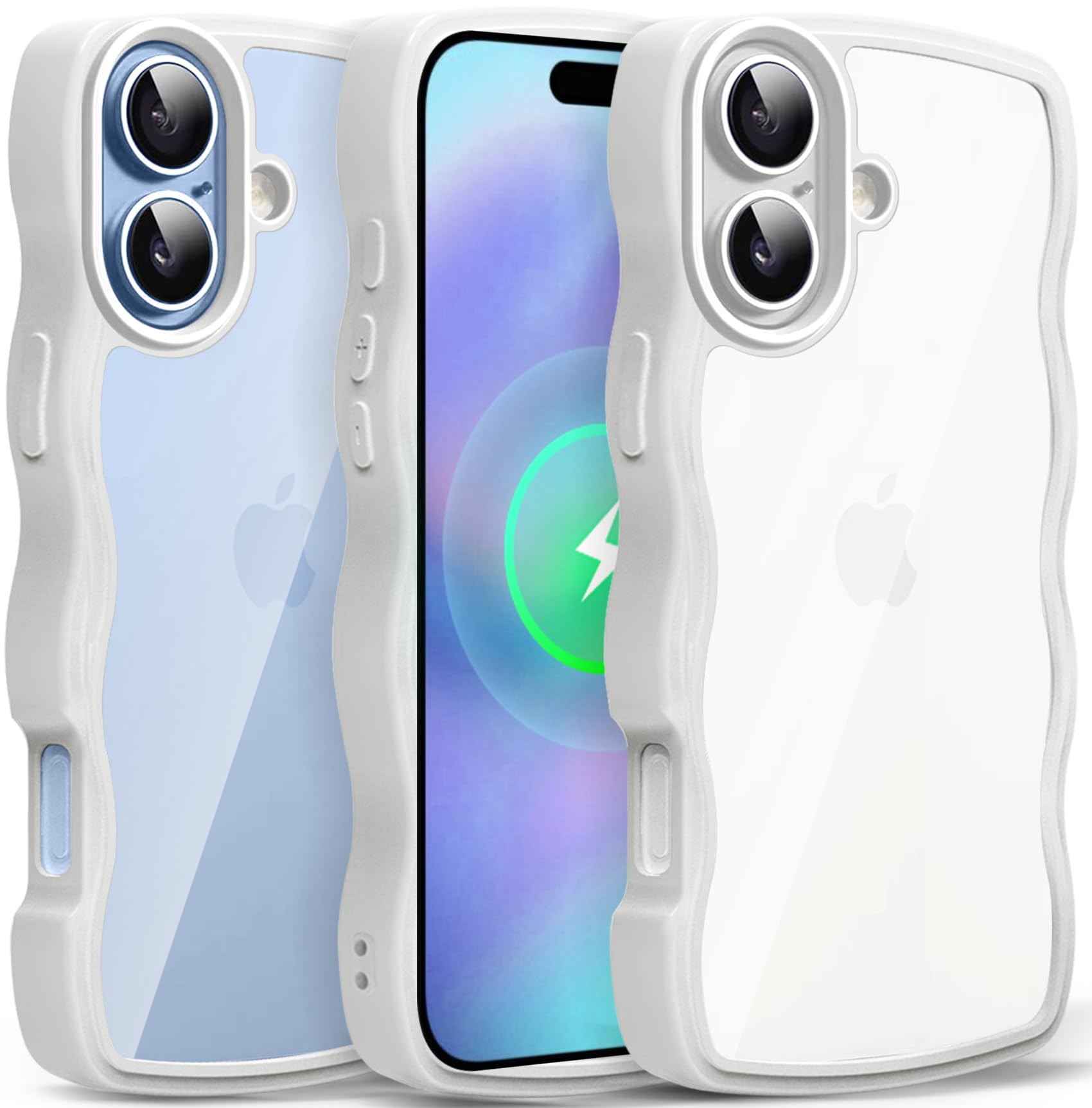 iPhone 17 用 ケース クリア ウェーブ おしゃれ 韓国 かわいい 可愛い アイフォン 17 用 スマホケース 人気 滑り止め 薄型 軽量 耐衝撃 ストラップホール付き シリコン 透明（ホワイト）