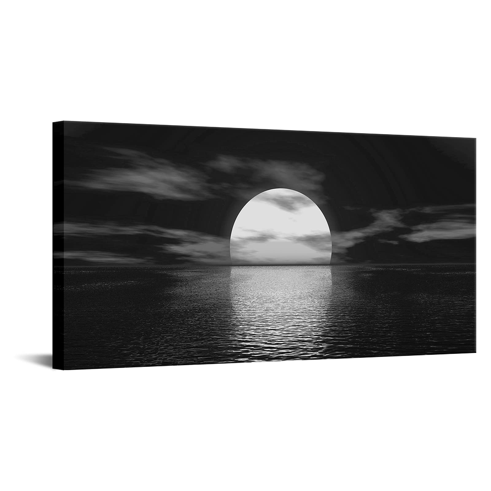 Conipit Large Black and White Canvas Full Moon Wall Art Sunset Picture Prints Moon on Sea Ocean Landscape Artwork for Home Decor Framed Ready to Hang 24''x48''