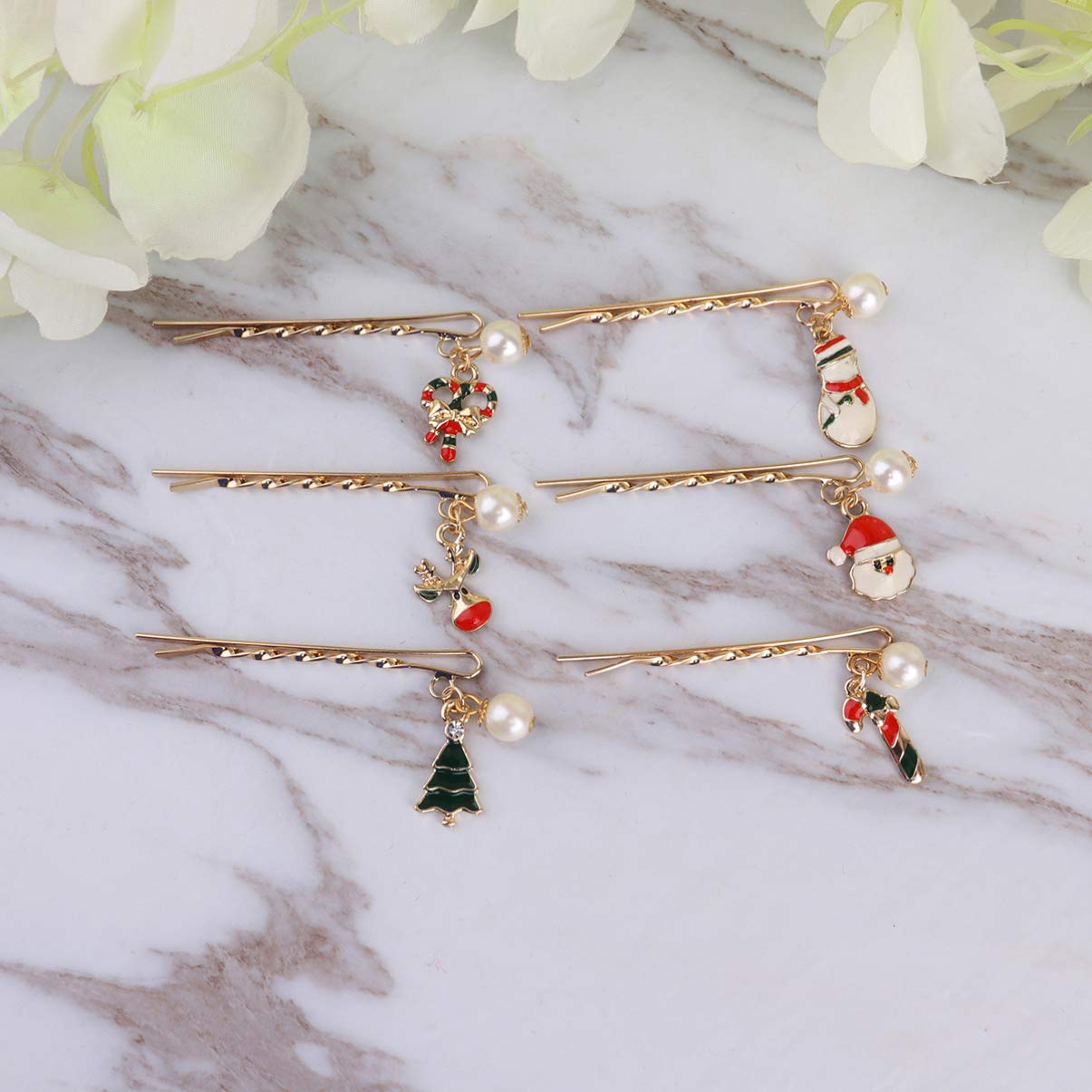 Beaupretty Christmas Pearl Hair Pin Hair Clip Christmas Tree Santa Metal Bobby Pin Slide Clip for Party Girls,6pcs(Glod) - Image 4