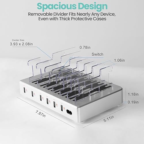 Miniatura 2 de Estación de carga para múltiples dispositivos, estación de carga rápida de 300 W de 6 puertos, compatible con tabletas iPhone, iPad, Android,