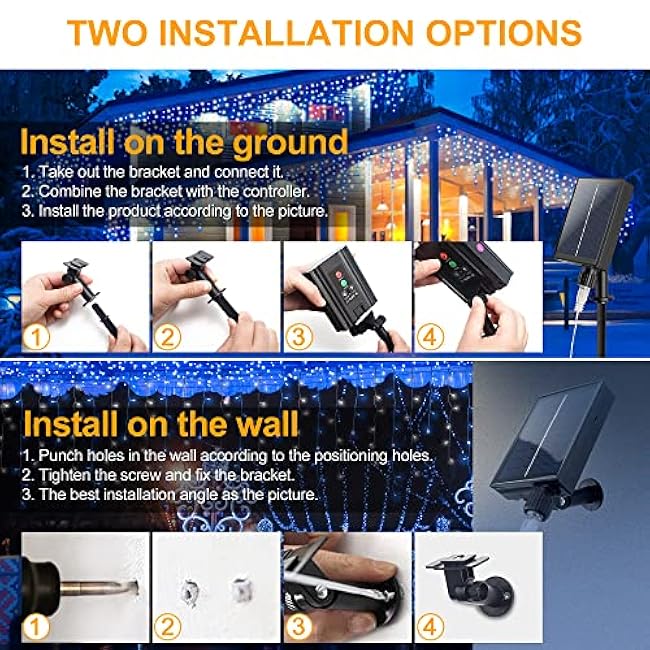 300 LED Solar Icicle Lights Outdoor with Remote Control, 33ft 8 Modes Curtain String Lights with 50 Drops, Christmas Holiday Wedding Party Decorations, Blue+White