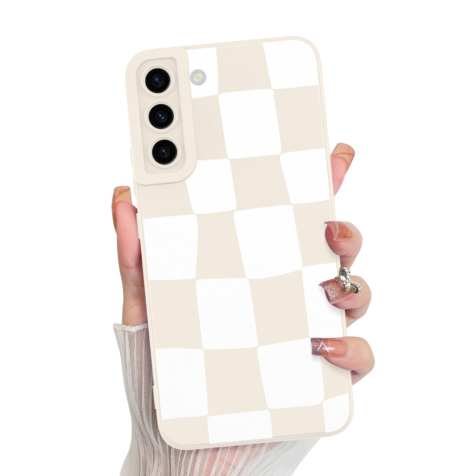 KANGHAR Compatible with Samsung Galaxy S22 Case, Silicone Checkered Cute Pattern, Camera Protection Soft Slim Phone Case for Girls Women -White