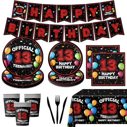 Dydamud 13 Year Old Boy Birthday Decorations, 13th Party Tableware Red Black Glitter Happy Birthday Plates and Napkins for Level 13 Unlocked