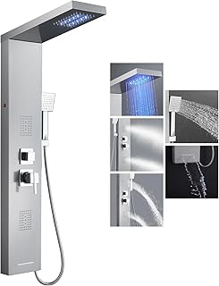 KEOKBON LED Shower Panel Column Tower- Overhead Rainfall Shower, 2 Body Massage, Handheld Shower, Waterfall Bath Spout 5 in 1 - Stainless Steel Silver Finish