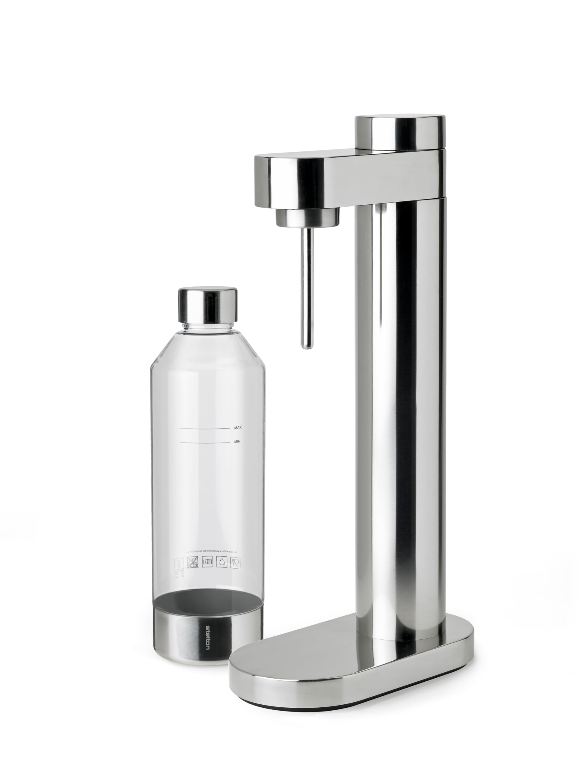 Stelton Brus Wassersprudler mit flasche, Premium Carbonator für Wasser mit CO2 - Einstellbare Sprudelstärke - Skandinavischem Design, Edelstahl