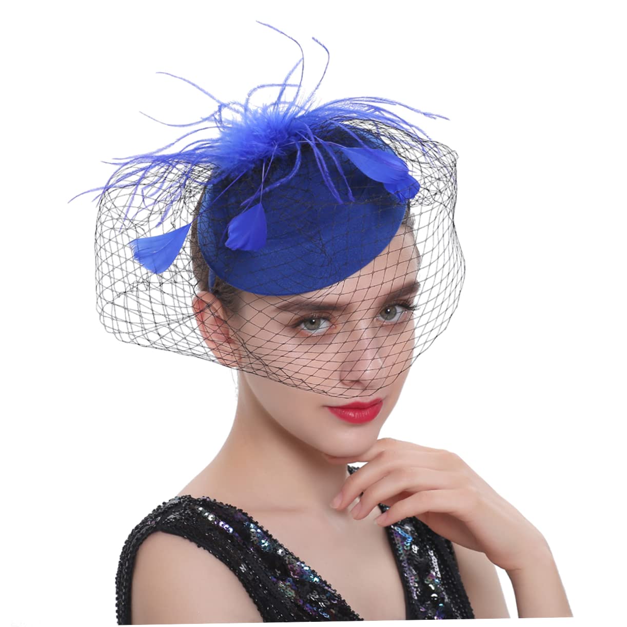 3pezzi Fascinator Elegante da Donna con Velo Piume Accessorio per Cerimonie e Tea Party Stile Vintage per Matrimonio e Feste