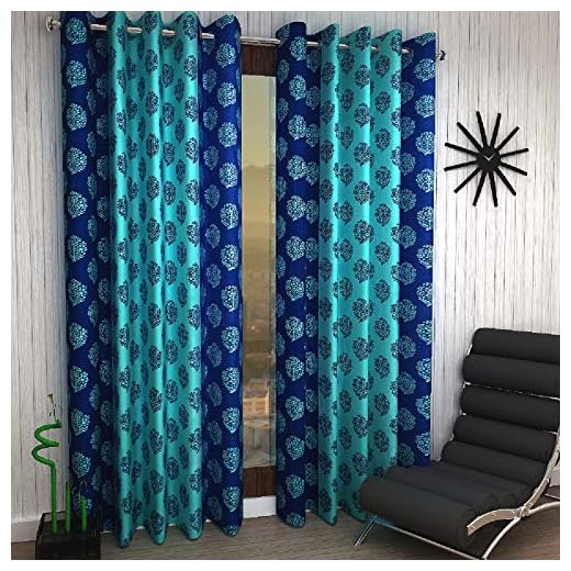 Home Sizzler 2 Piece Flower Damask Eyelet Polyester Door Curtains - 7 Feet, Blue