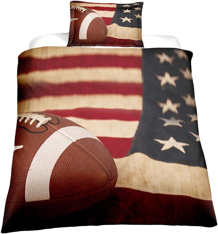 ADASMILE A & S 3D Boys Sports Bedding American Flag Football Bedding Set Rugby Duvet Cover Football Sports Themed Comforter Cover with 1 Pillow Sham Bedroom Decor for Sports Fans Twin Size