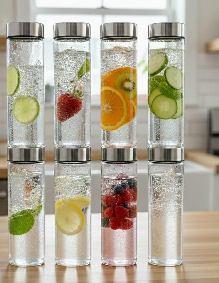 Image of OLIN Glass Fridge Water Bottle with BIG Steel Cap | Set Wide Mouth| with AirTight Leak Proof Reusable | Juicing, Smoothies, Beverage Storage | Reusable 750ml set of 8