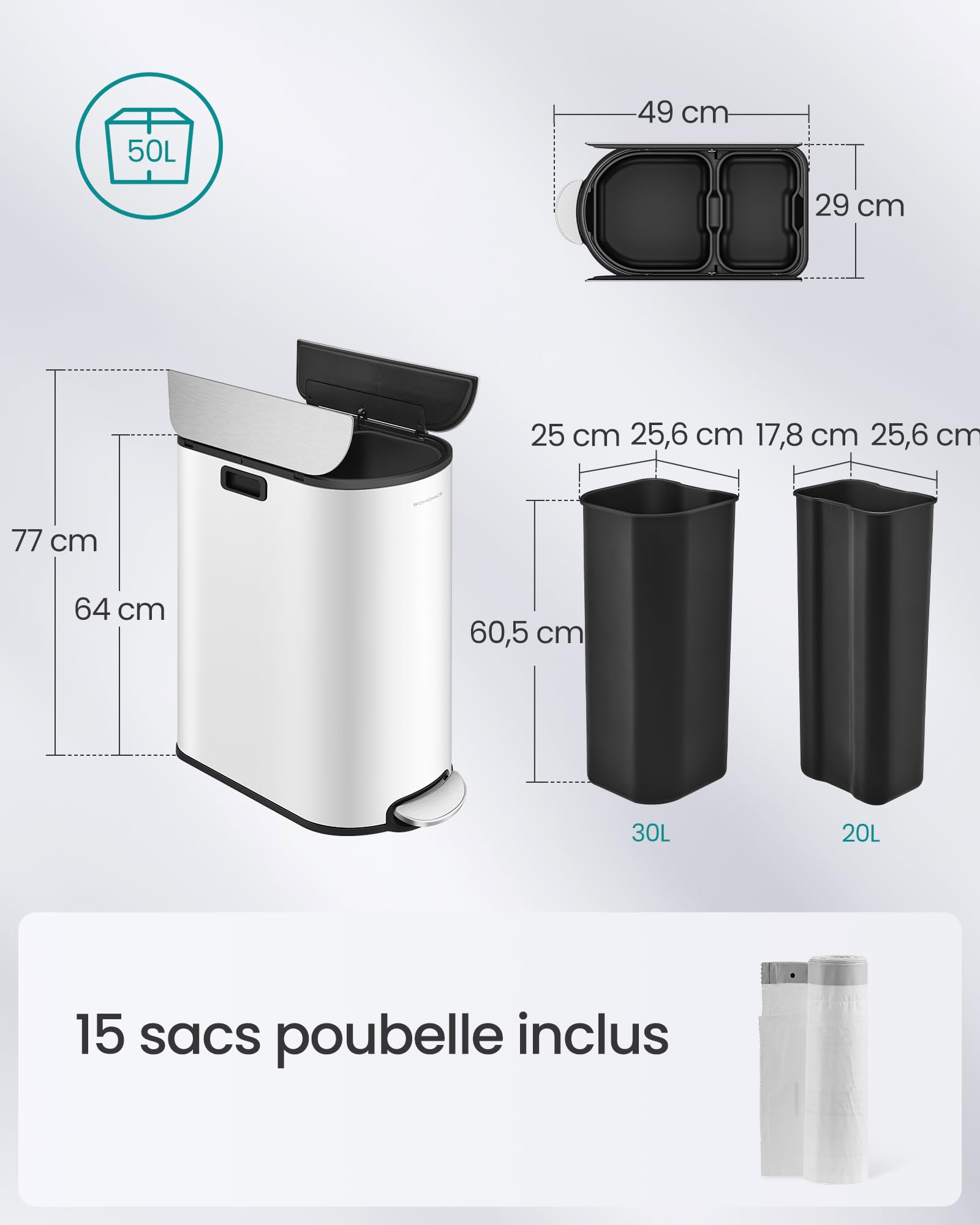 SONGMICS Poubelle de Cuisine Double, 30L et 20L, Poubelle Mince 2 Compartiments pour Tri et Recyclage des Déchets, avec Pédale et Couvercles Ailles, Blanc Nuage et Argent Métallique LTB570W02
