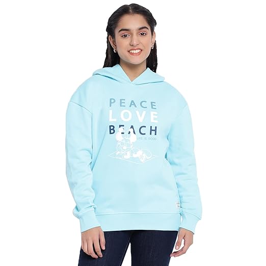 Lil Tomatoes Girls Regular Fit Disney Printed Hooded Neck Cotton Fleece Sweatshirt Orange