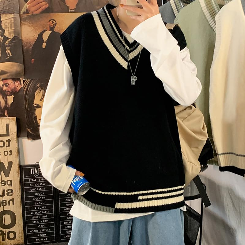 Sweater Vest Men V-Neck Japanese Students High Street Baggy Unisex Male Teens Clothing All-Match Casual Simply3