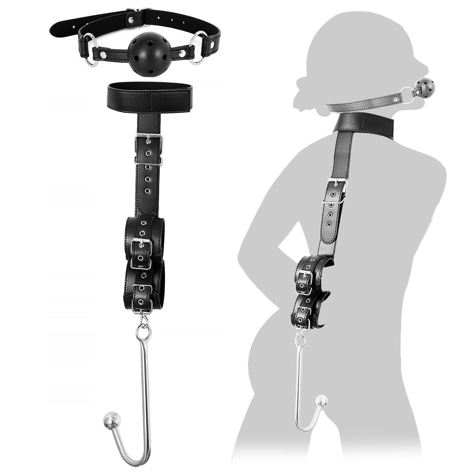 Collar de bondage sexual con gancho anal y mordaza de bola, kit de ataduras de cuero para esclavos BDSM de cuello a muñeca, arnés de esposas para la espalda BDSM,herramienta para juegos sexuales.