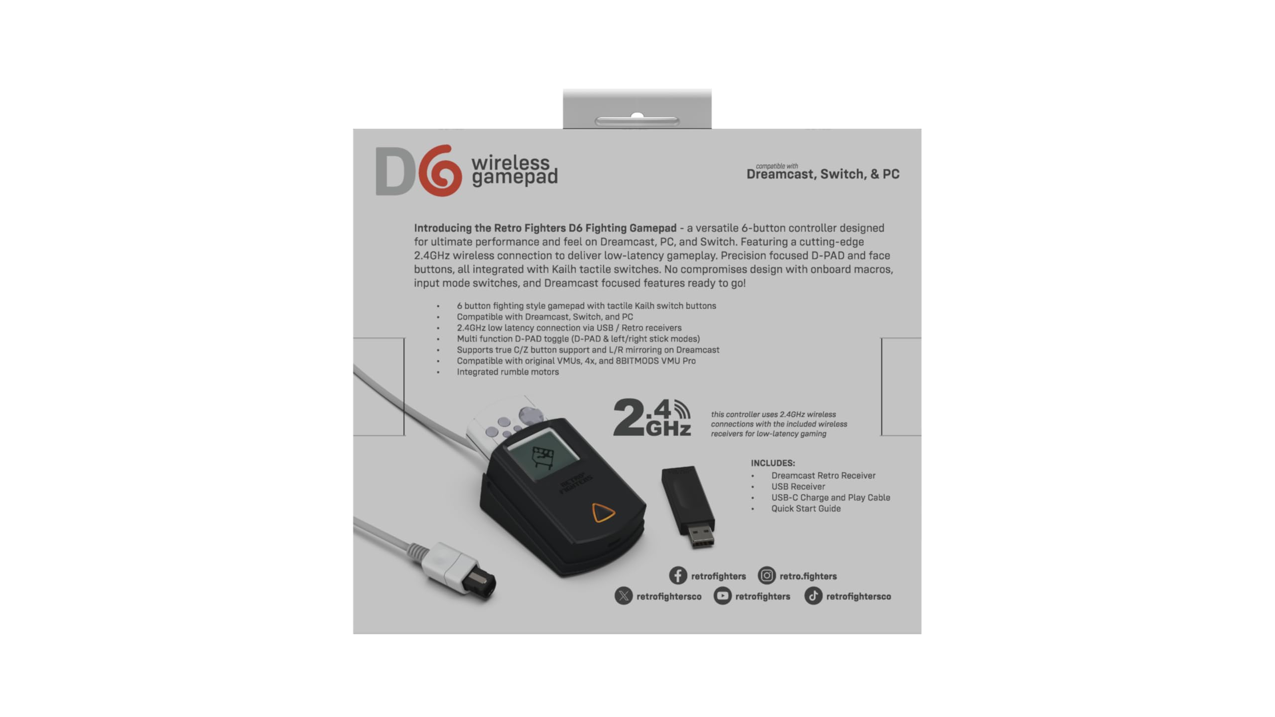 Retro Fighters D6 Dreamcast Wireless Controller for Switch/PC/Dreamcast, Black