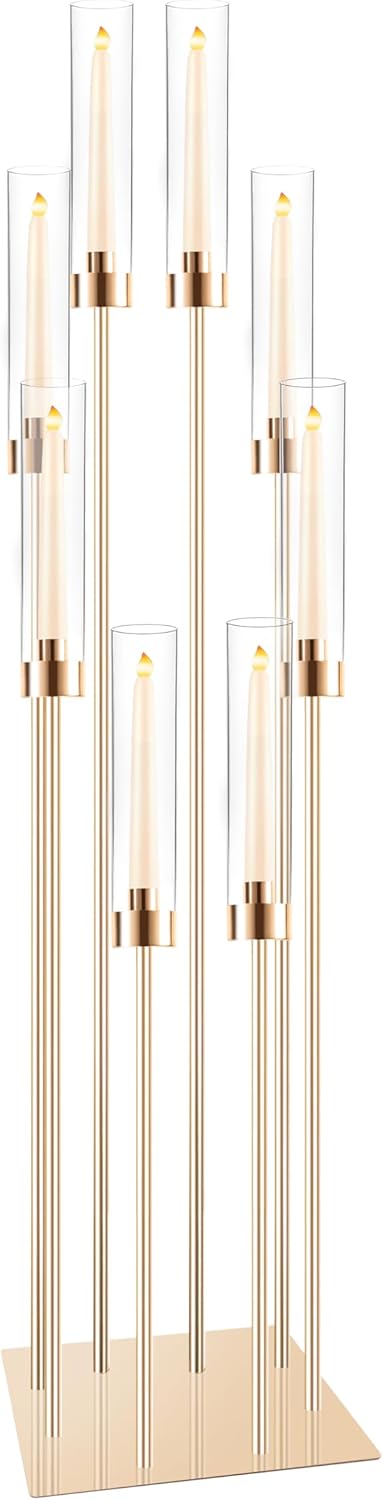 Large Floor Candelabra Centerpiece, 8-arm Floor Candle Holder Set with Acrylic Shades for LED Candles, Metal Pillar Candelabra Candlestick Holders for Ceremony Party Home Wedding Decoration (Gold)