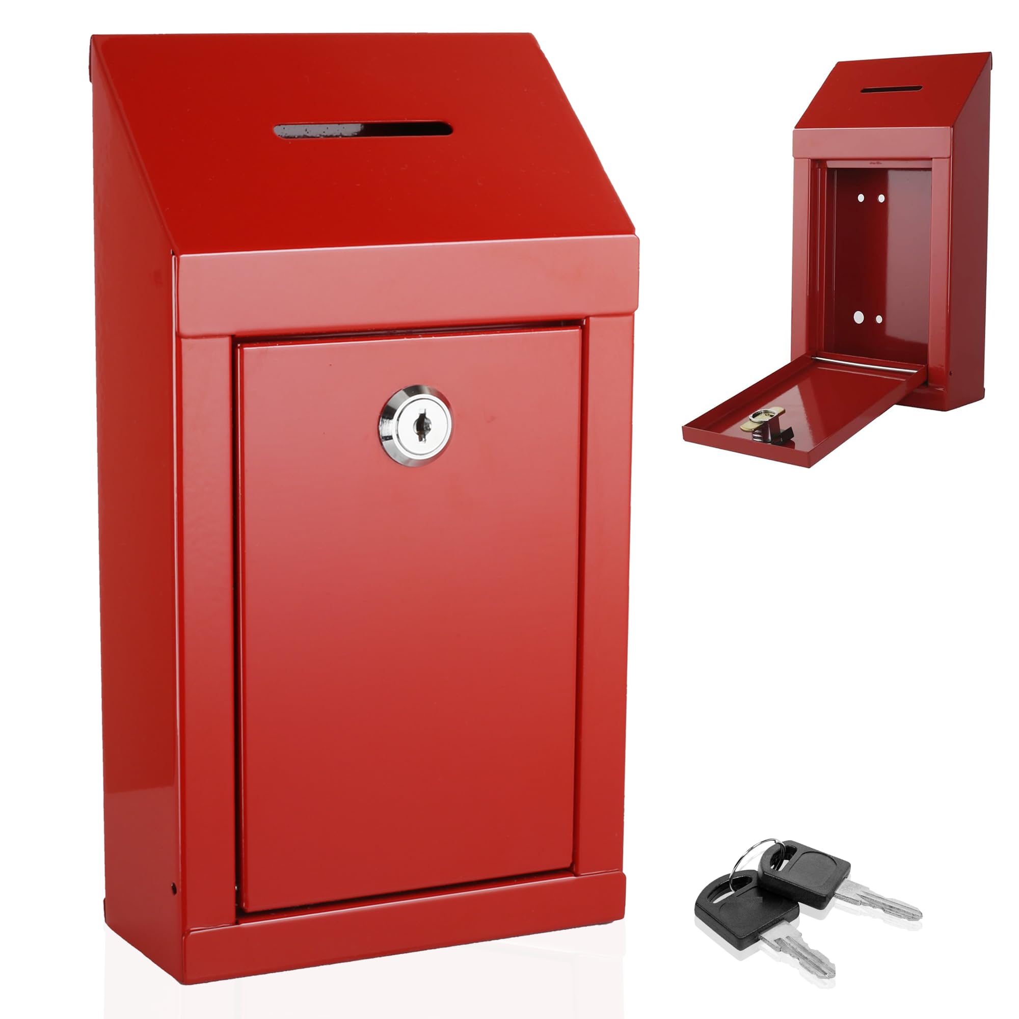 Metal Donation Box-Suggestion Box with Slot and lock-Cash Lock box for Money-Secure Drop Box-Comment and ballot voting box-comes with pre-drilled holes for easy wall mounting 10 X 6 X 2.5"(Red)