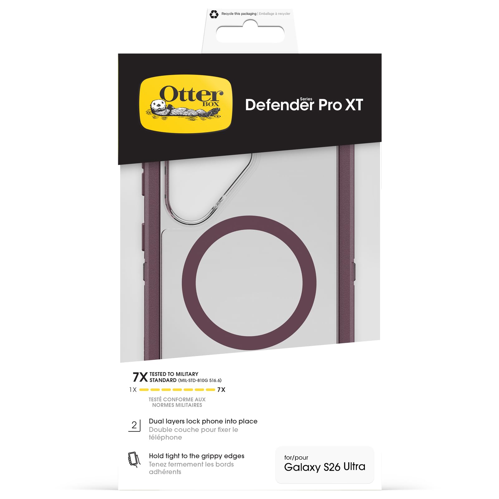 OtterBox Defender Series Pro XT Hülle mit Magneten für Samsung Galaxy S26 Ultra, stoßfest, Ultra-robust, schützende Hülle, 7X getestet nach Militärstandard, Transparent/Lila