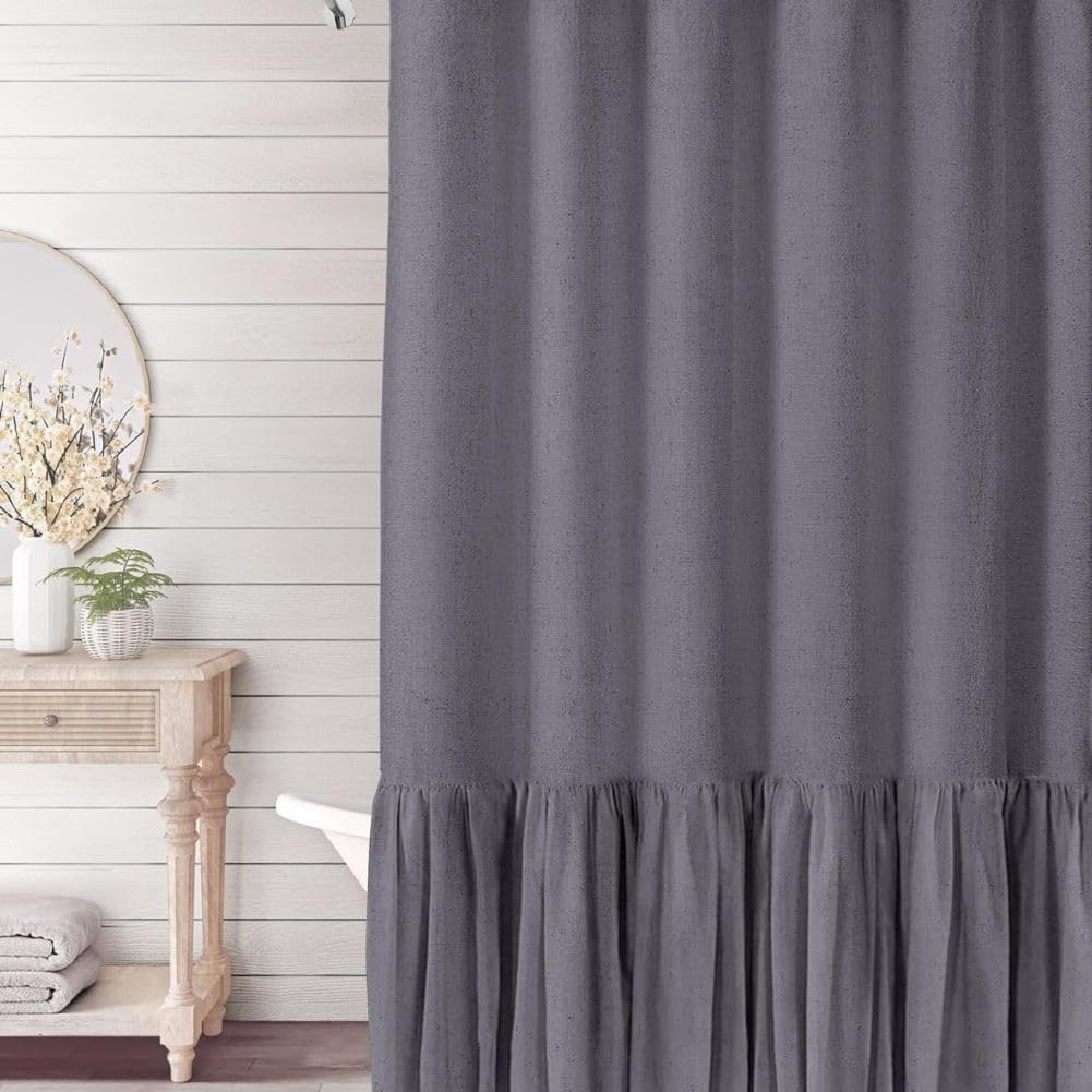 Neutral Shower Curtain Farmhouse Boho Ruffle Linen Bathroom Curtain with 12 hooks Vintage Rustic Decorative Fabric Curtains for Bathroom Bathtub