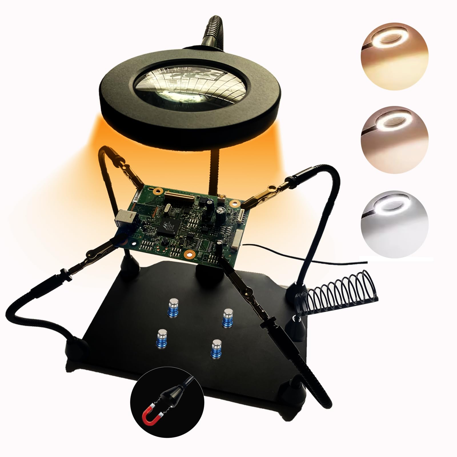 Estación de soldadura magnética con lupa con soporte de hierro de tercera mano con kit de herramientas de soldadura ligera, soporte para PCB, placa base resistente