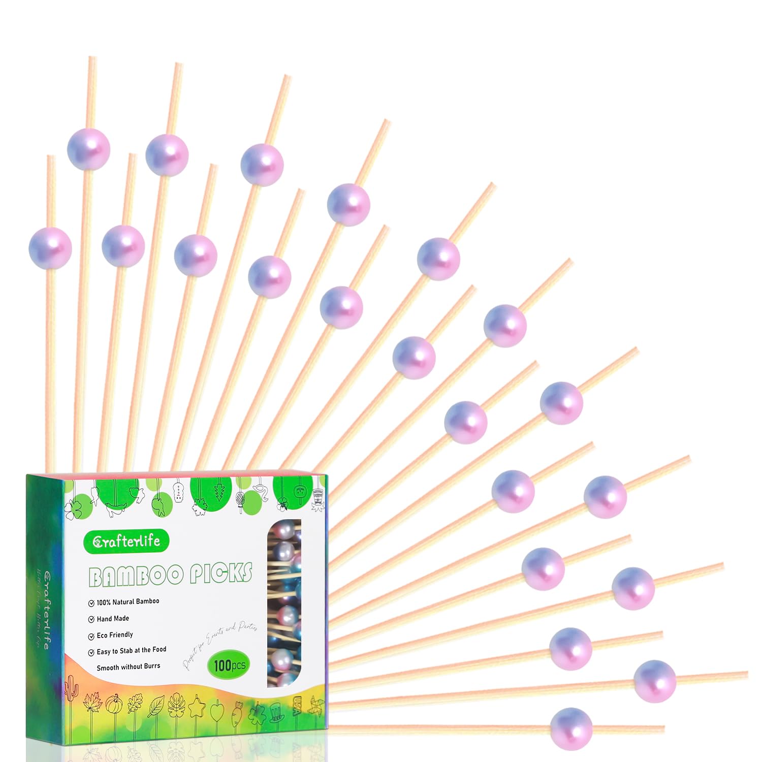 120pcs Mermaid Pearl Cocktail Picks Fancy Long Toothpicks Sticks Skewers, 4.7", Disposable, Made of Natural Bamboo, for Appetizer Charcuterie Fruit Drinks Sandwich Dessert Food Garnish