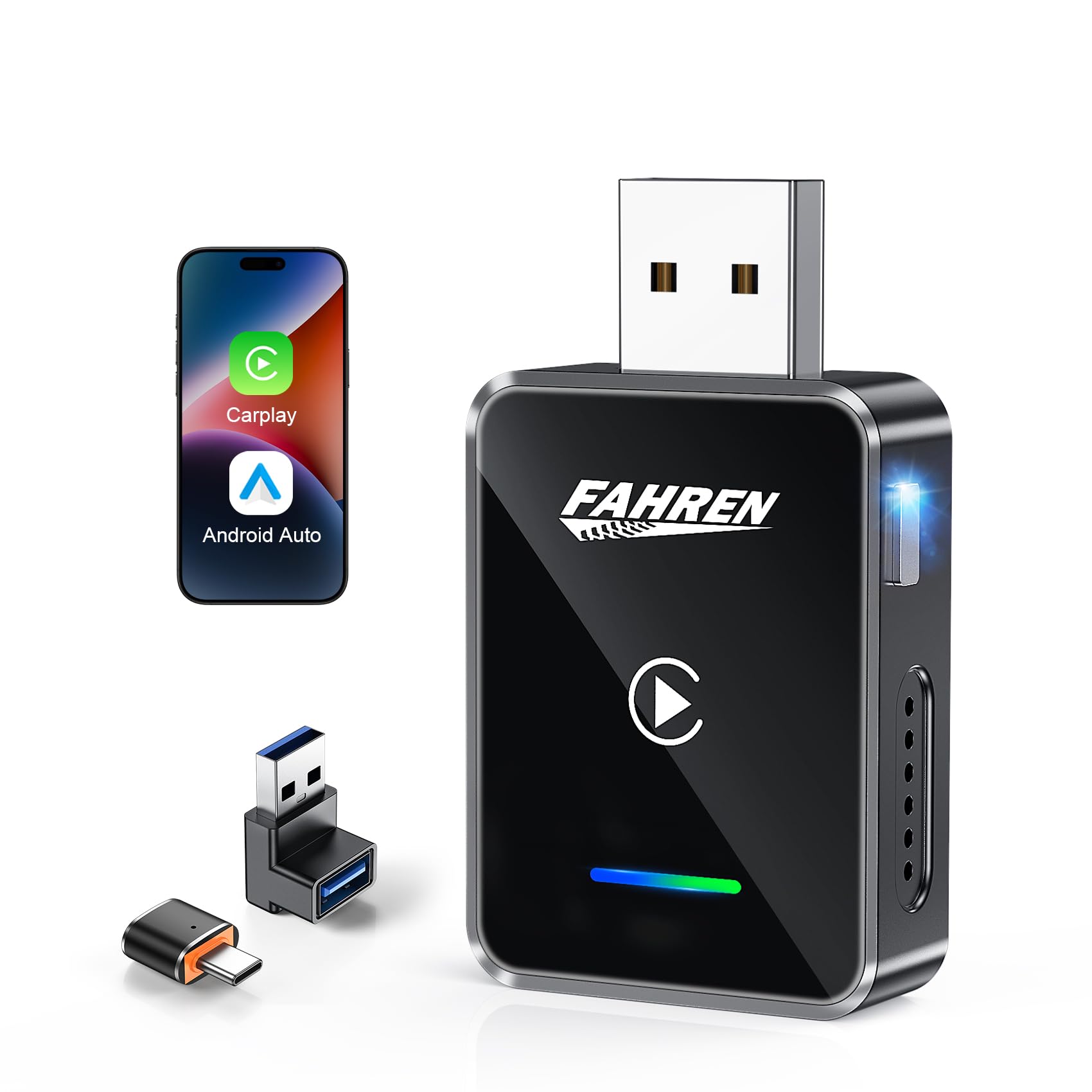 FAHREN 2026 Upgraded Android Auto & CarPlay Wireless Adapter Apple iPhone, One Click Multi Device Switching, Ultra-Fast 5.8GHz WiFi, Bluetooth 6, Plug