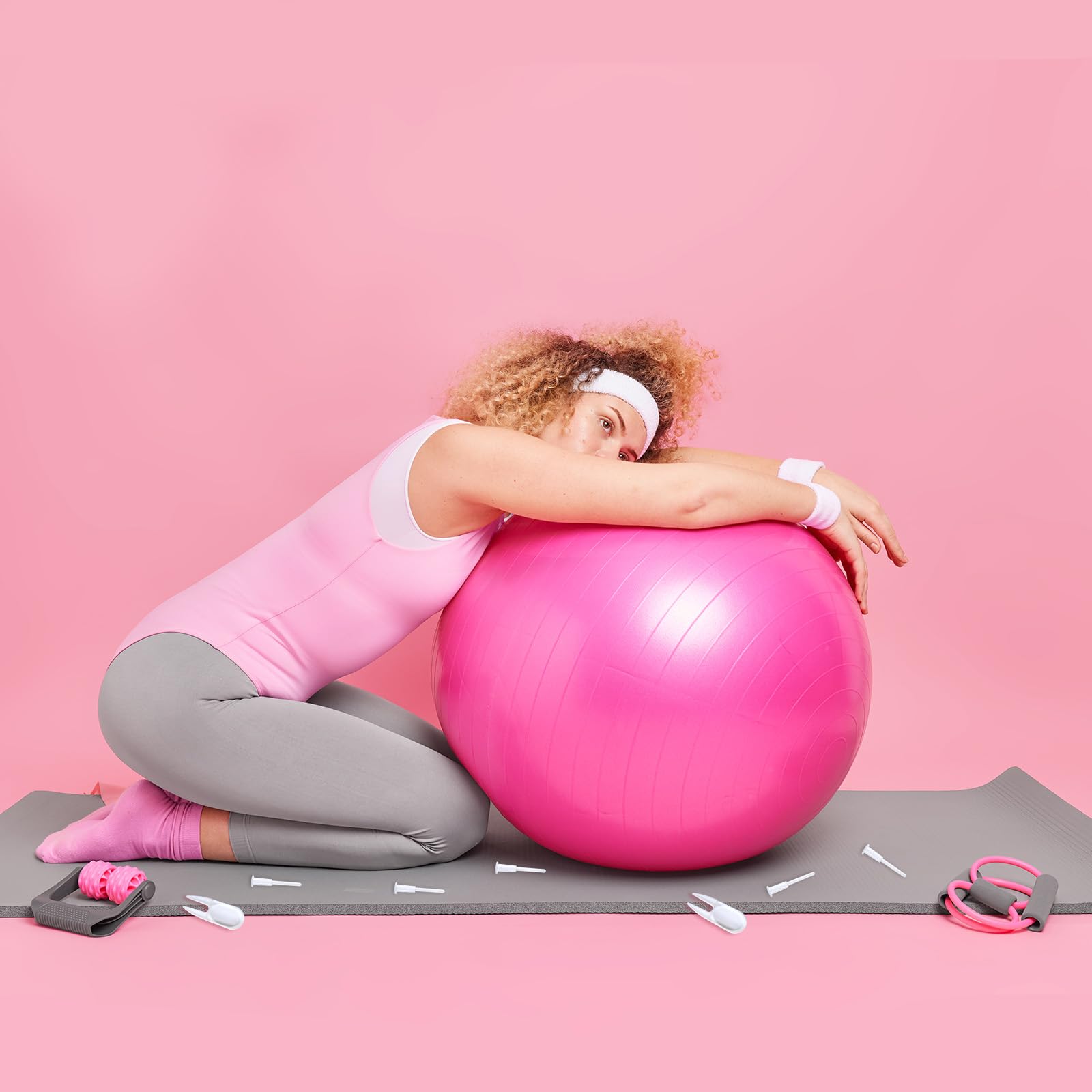 TIESOME Kit de rechange pour ballon de yoga, balle de yoga, balle de yoga, balle de Pilates, petit ballon de gymnastique, 1 dispositif de retrait et 5 bouchons d'air, blanc