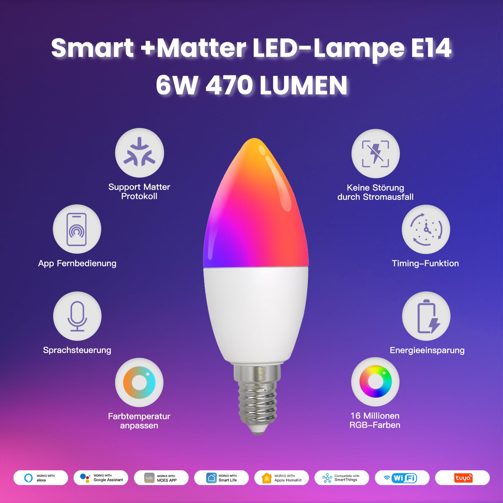 MOES Smart Glühbirne Matter E14, WLAN Alexa LED Lampe RGBCW, WW, mit Dimmbar, Musiksynchronisation, 16 Millionen Farben, kompatibel mit Apple HomeKit, SmartThings, Alexa, Google Home,4 Stück