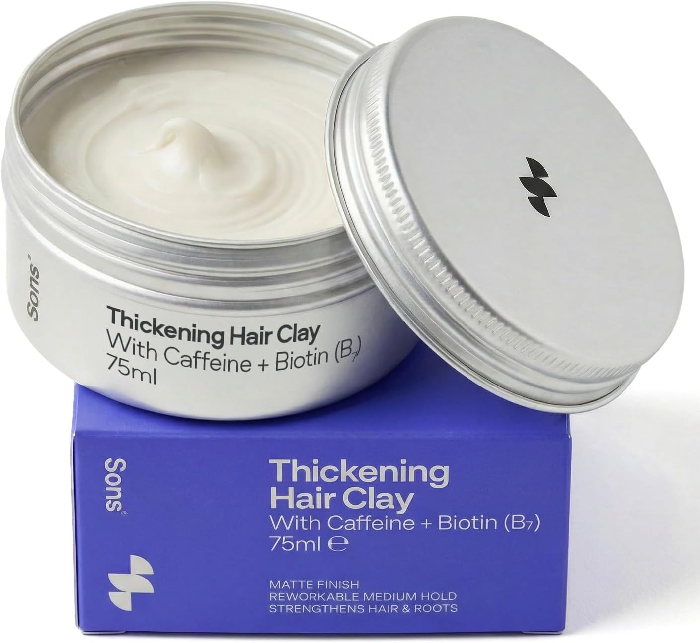 Thickening Hair Clay for Men. Hair Styling Clay with Caffeine & Biotin. Pomade for Men's Hair Growth & Volume. Treatment for Hair Loss & Thinning. 1 Month Supply. Made in Europe.