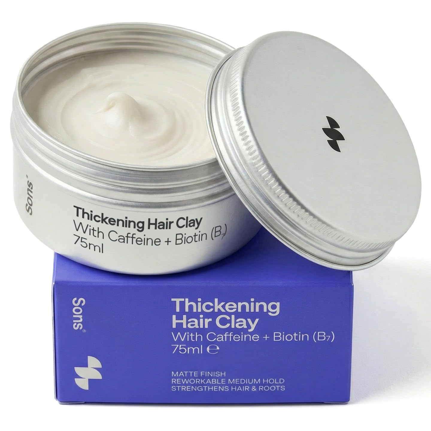 Thickening Hair Clay for Men. Hair Styling Clay with Caffeine & Biotin. Pomade for Men's Hair Growth & Volume. Treatment for Hair Loss & Thinning. 1 Month Supply. Made in Europe.