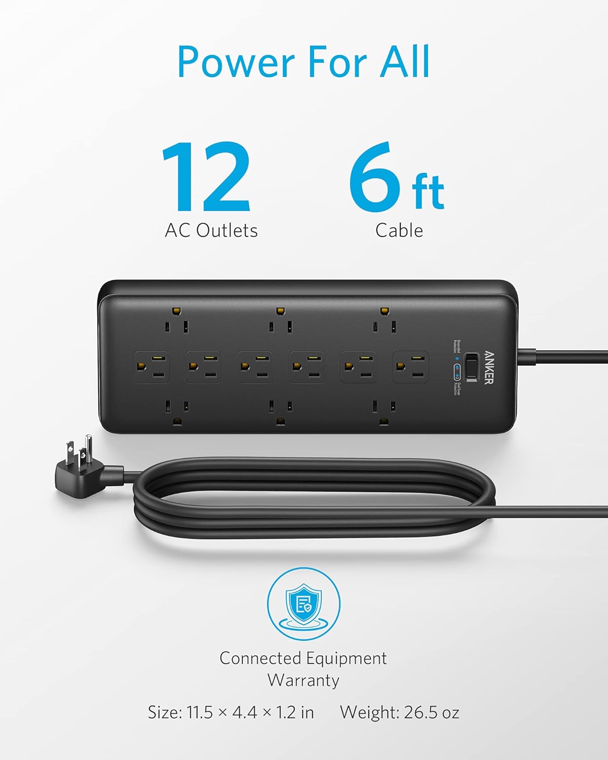 Anker Power Strip Surge Protector (2 × 4000 Joules), PowerExtend Strip 12 Outlets with Flat Plug, 1875W Output, 6ft Extension Cord, Dual Surge Protection for Office, Home : Electronics