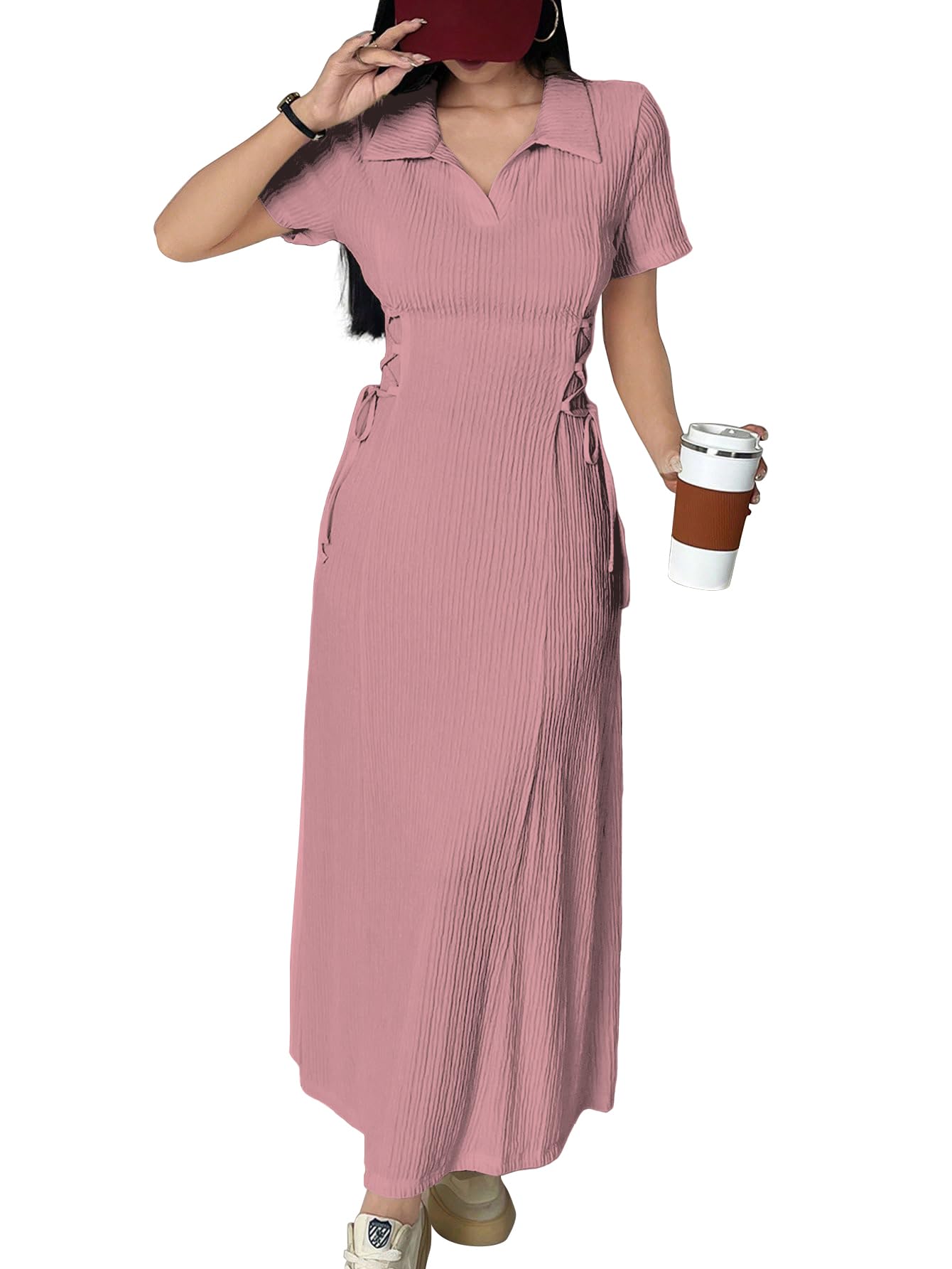 Shasmi Women’s Solid Color Applique Lace-Up Collared Short Sleeve, Side-Tie Waist Long Casual Maxi Women Dress Outfit Long Evening Midi Western Party Dress for Women (Dress 211)
