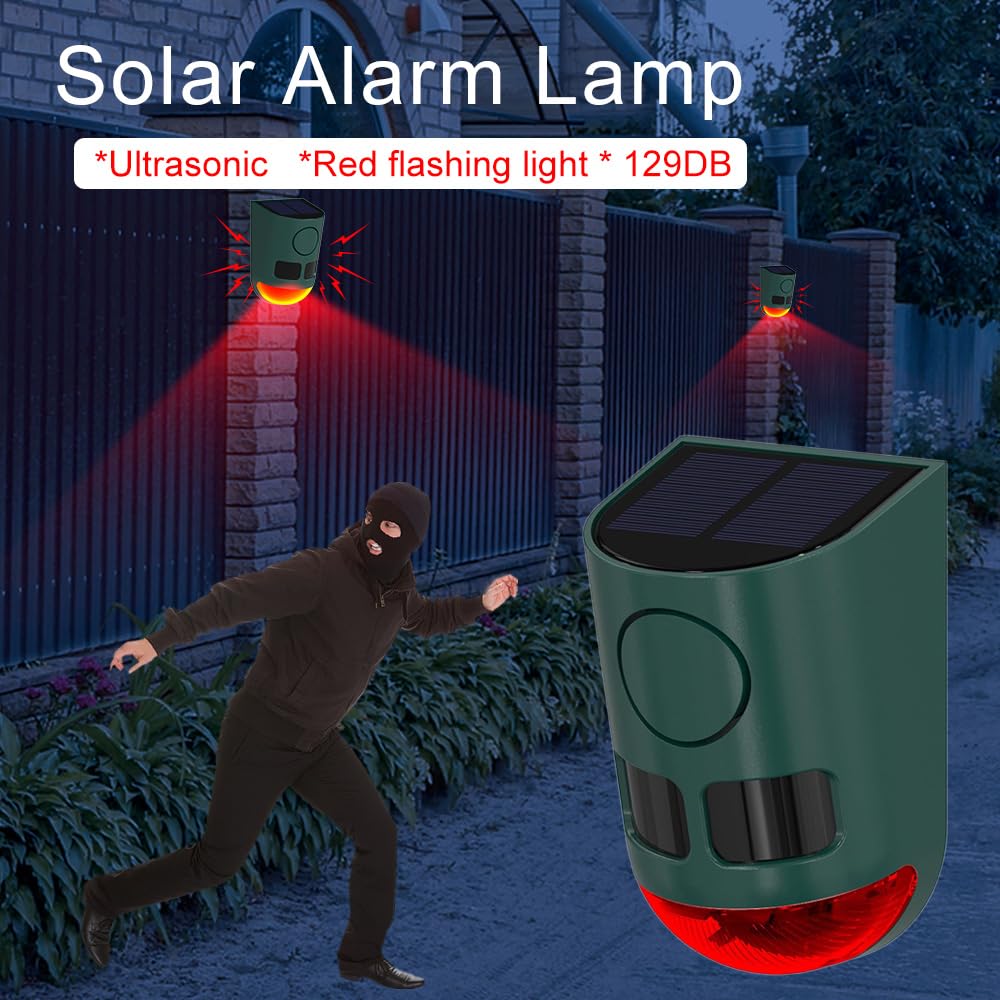 KINGCOO Alarma solar con sensor de movimiento para exteriores, luz estroboscópica LED roja, 4 modos de trabajo, 129 dB, sonido fuerte, detector de movimiento, sirena de seguridad para el hogar