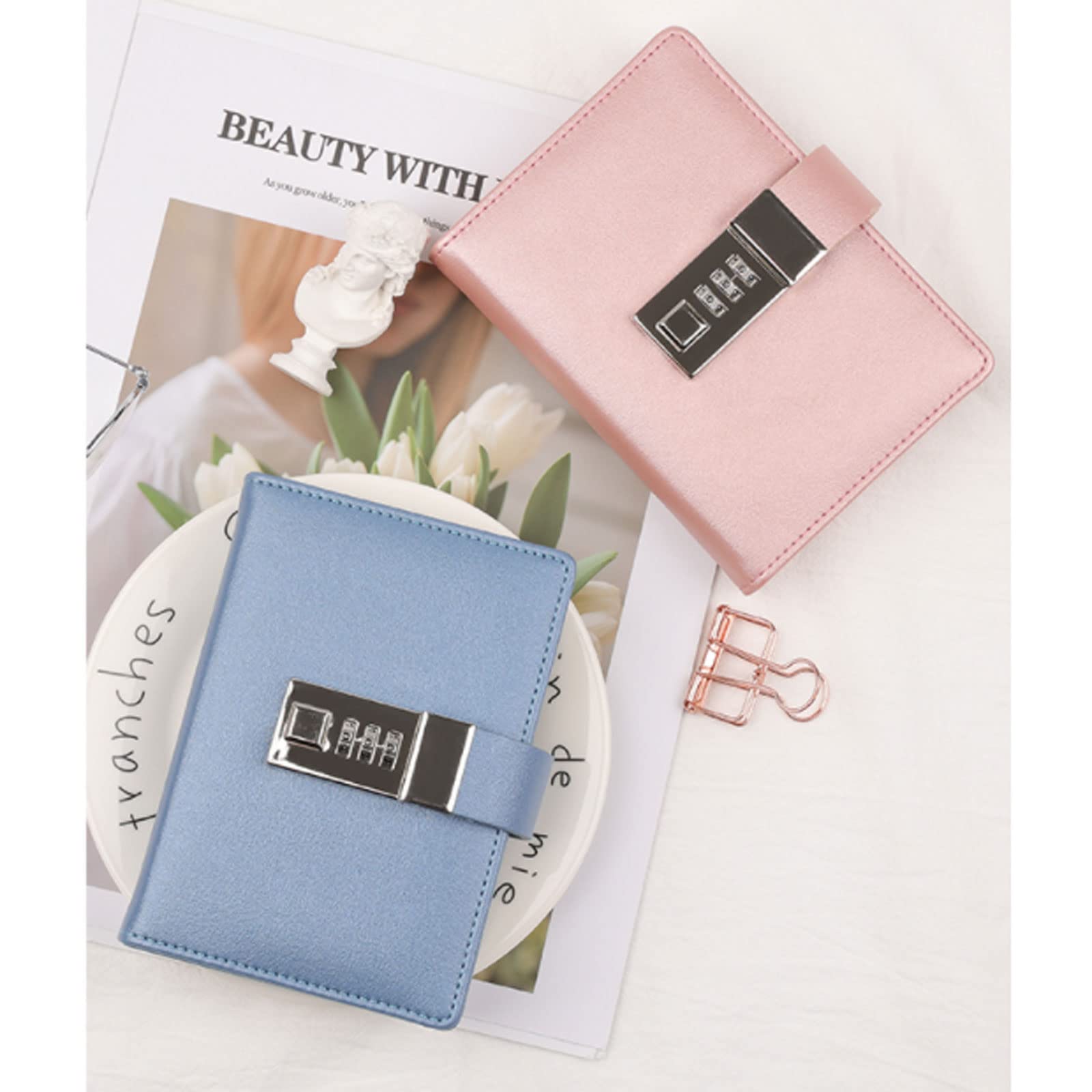 Cuaderno de Notas con candado, Cuaderno de Escritura de Cuero sintético con candado, tamaño A7, 96 hojas/192 páginas, Diario de Estudiante versátil y Elegante.