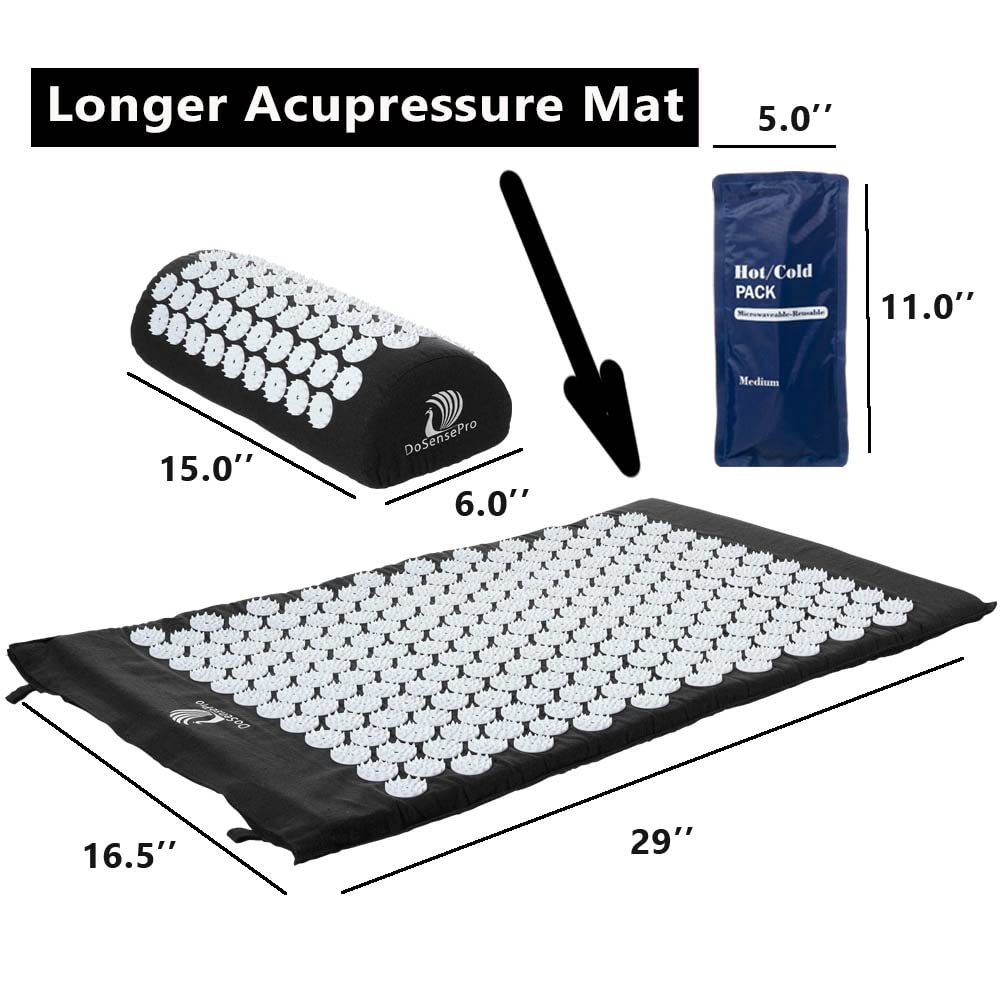 Acupressure Mat and Pillow Massage Set - by DoSensePro + Gel Pack - Acupressure Mattress for Neck and Back Pain - Relieve Sciatic, Headaches, Aches at Pressure Points - Natural Sleeping Aid (Black)