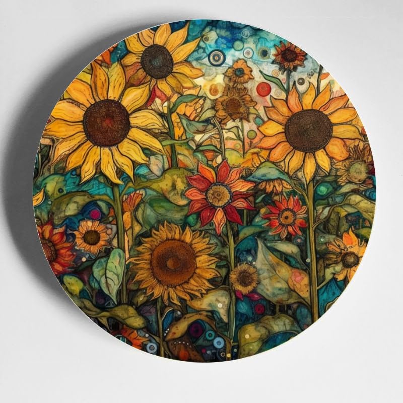 DNOVING 10 Inch Ceramic Plate with Stand Sunflower Field Design for Home Decor and Parties