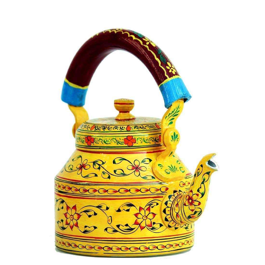Pronto USAHand Painted Meenakari Design Gift Purpose Decorative Aluminium Kettle for Home Decor Tea/Coffee pot, Capacity 1 L (5077 - Yellow)