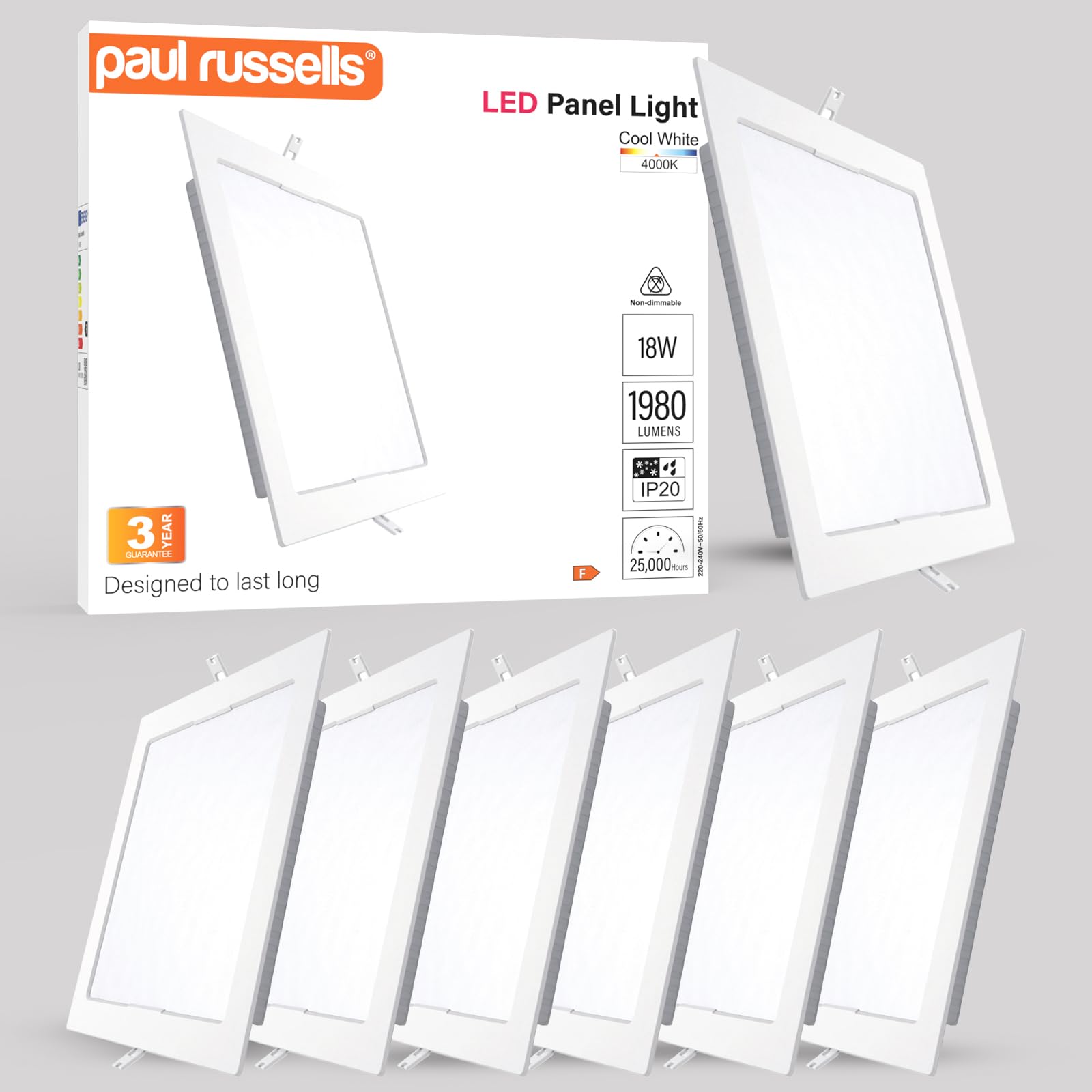 paul russells Ultra Slim LED Recessed Ceiling Spotlights - 18W Cool White (4000K) IP20, Cutout 200-205mm, Square Downlight for Kitchen, Bathroom, Living Room and More Ceiling Mounted use, 6 Packs