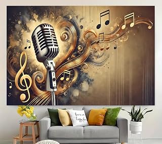 Music Party Background Cloth Microphone Sheet Music Rainbow Heart Shape, Gramophone, Rock Music, Instrument, Suitable for Home Decoration, Music Room, Stage, Live Shooting Background 1 Pas