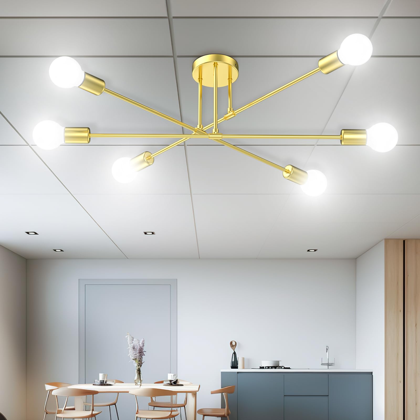Sunwish Sputnik Chandelier, 6-Light Gold Flush Mount Ceiling Light Fixture Dining Room, Modern Chandeliers for Bedroom Lights with E26 Base, Bulbs Not Included (Gold- 6 Light)