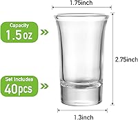 Vista 2 de 40 Pack Shot Glass Bulk Set with Heavy Base, 1.5 Ounce Whiskey Shot Glasses, Clear Shot Glasses Set, Round Shot Glass Bulk, Small Shot Cups for