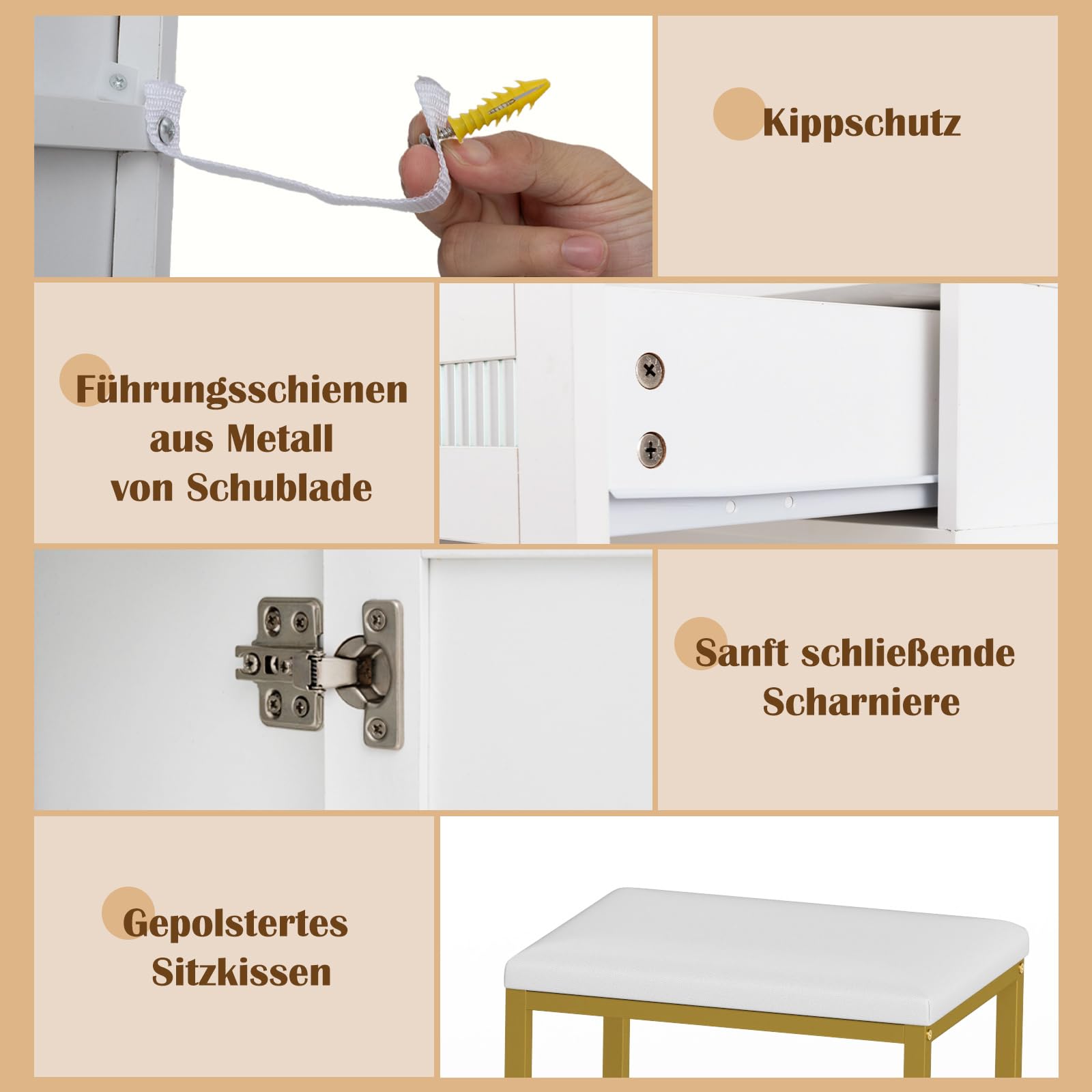 COSTWAY Toaletka z oświetleniem LED, toaletka ze stacją ładującą, szafka na biżuterię, taboret, lustro, szuflady, szafka, otwarte półki i uchwyt na suszarkę do włosów, biały