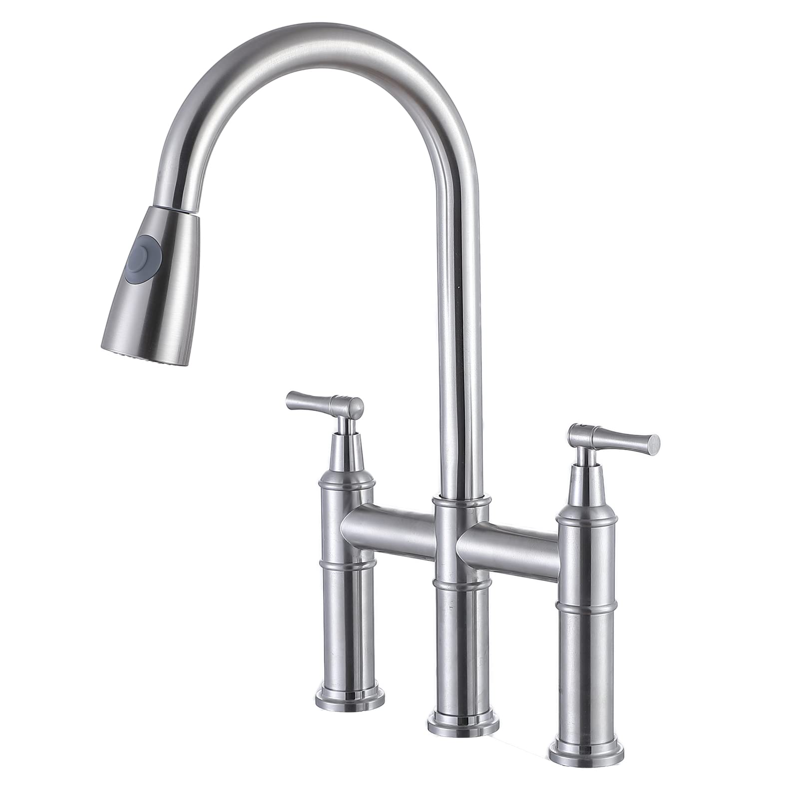 ComllenBrushed Nickel Bridge Kitchen Faucet with Pull Down Sprayer, 3 Hole Farmhouse Kitchen Sink Faucet 8 Inch 2 Handle Stainless Steel Country Kitchen Faucets for Kitchen Sink
