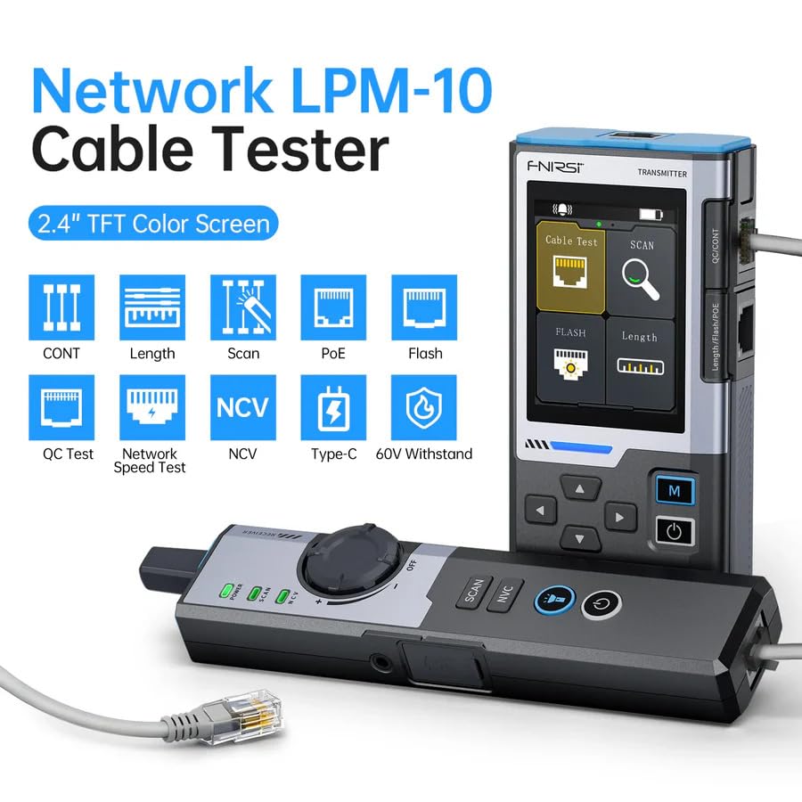 FNRSI LPM-10A Multifunction Network Cable Tester Anti-Interference Line Finder POE Test NCV Monitoring High Definition Screen Length Measurement RJ45 Port Flashing