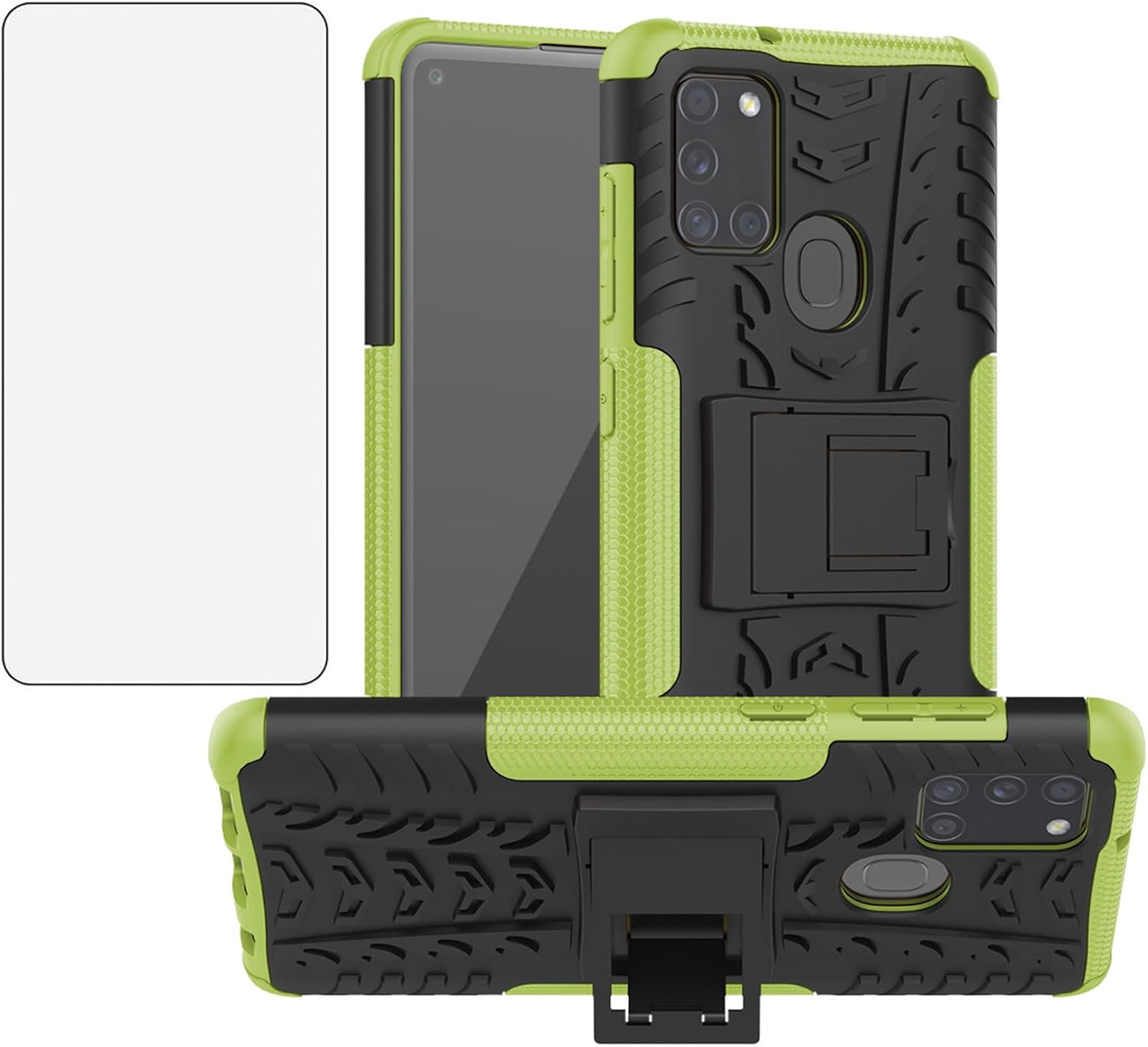 Main product image showing the green phone case with its kickstand deployed, alongside a screen protector.