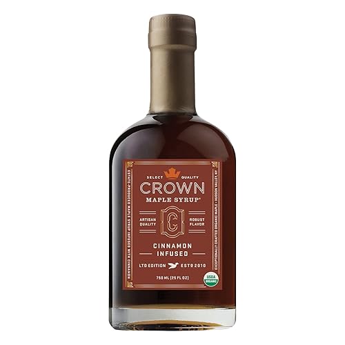 Crown Maple Jarabe de arce con infusión de canela, 25 onzas líquidas, panqueques, cócteles de sabor, bollos pegajosos, gofres, certificado orgánico