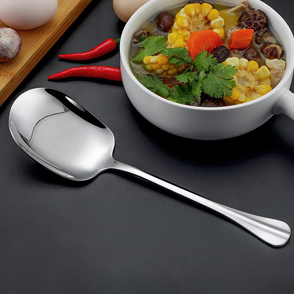 2 cucharas de sopa grandes de acero inoxidable, diseño de cabeza cuadrada plateada, cucharas de servir albóndigas, ramen, helado, postre, mango largo, cuchara de sopa grande para restaurante, vajilla,